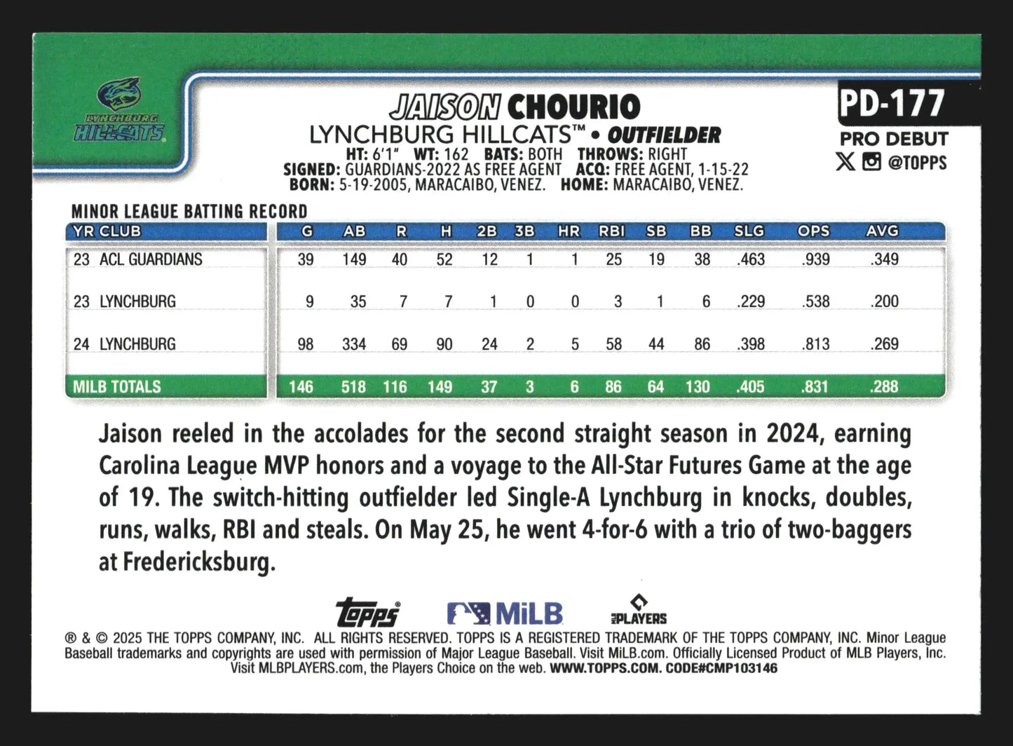 2025 Topps Pro Debut Jaison Chourio #PD-177 Lynchburg Hillcats - Baseball Card Single