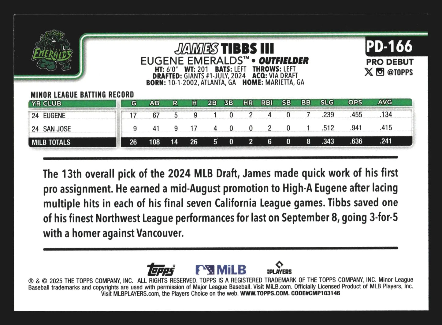 2025 Topps Pro Debut James Tibbs III #PD-166 Eugene Emeralds Giants - Baseball Card Single