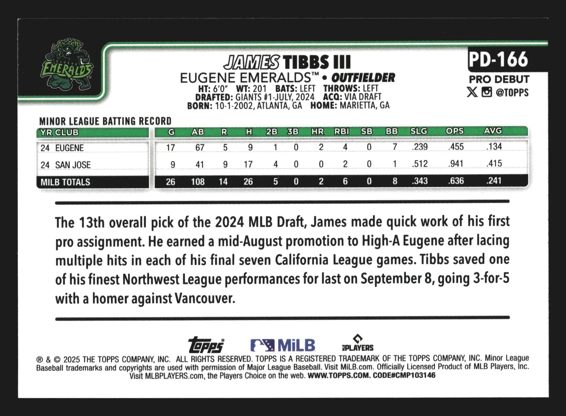 2025 Topps Pro Debut James Tibbs III #PD-166 Eugene Emeralds Giants - Baseball Card Single