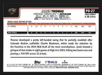 2025 Topps Pro Debut Jared Thomas #PD-27 Fresno Grizzlies Rockies - Baseball Card Single