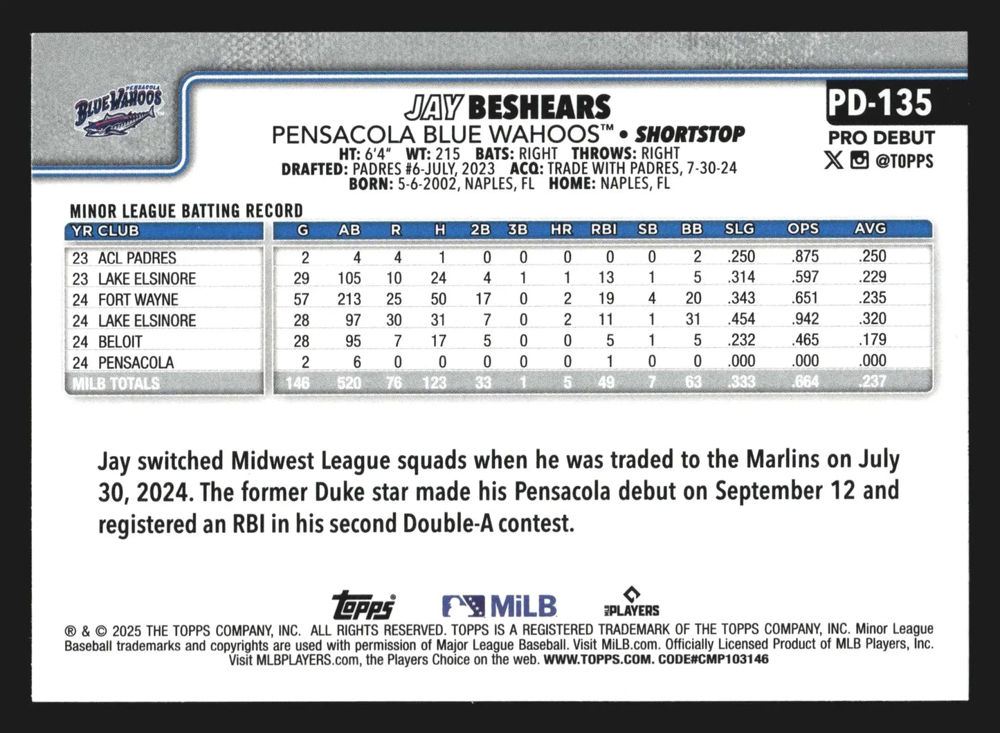 2025 Topps Pro Debut Jay Beshears #PD-135 Pensacola Blue Wahoos - Baseball Card Single