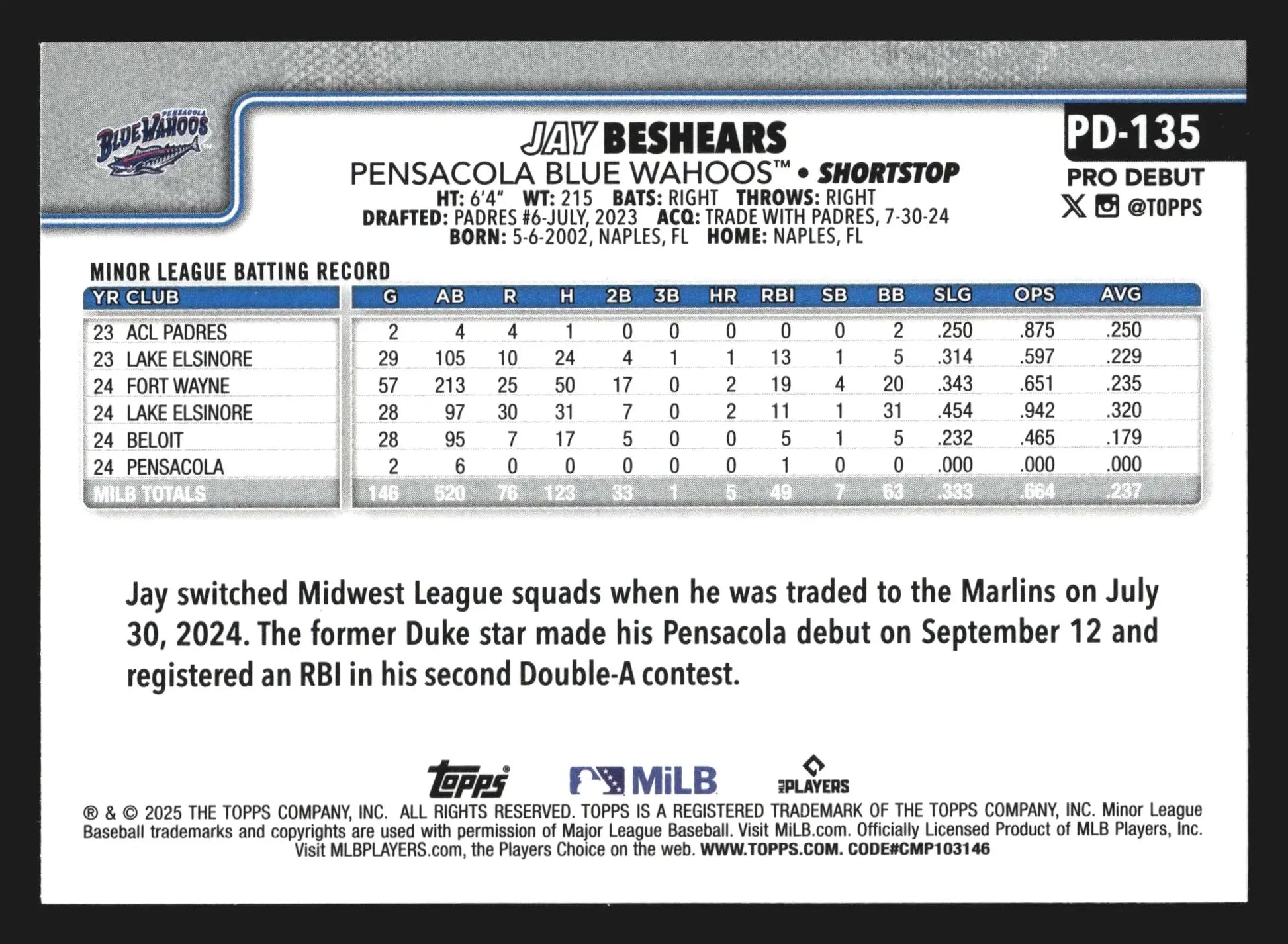 2025 Topps Pro Debut Jay Beshears #PD-135 Pensacola Blue Wahoos - Baseball Card Single