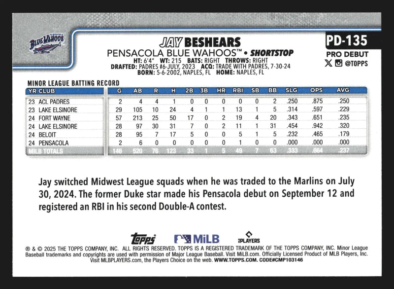 2025 Topps Pro Debut Jay Beshears #PD-135 Pensacola Blue Wahoos - Baseball Card Single