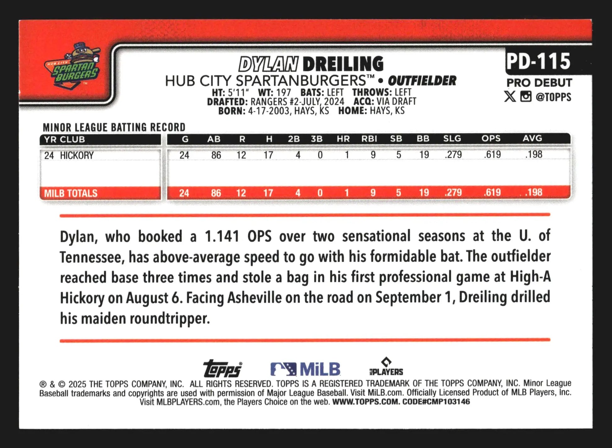 2025 Topps Pro Debut #PD-115 Dylan Dreiling Hub City Spartanburgers Rangers