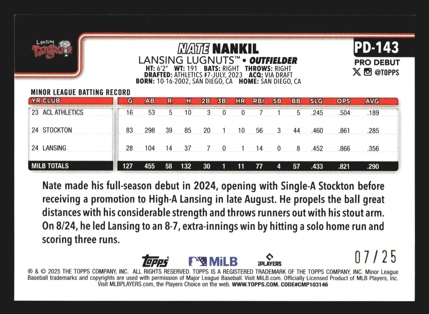 2025 Topps Pro Debut #PD-143 Nate Nankil Orange Foil /25 Lugnuts Athletics - Baseball Card Single