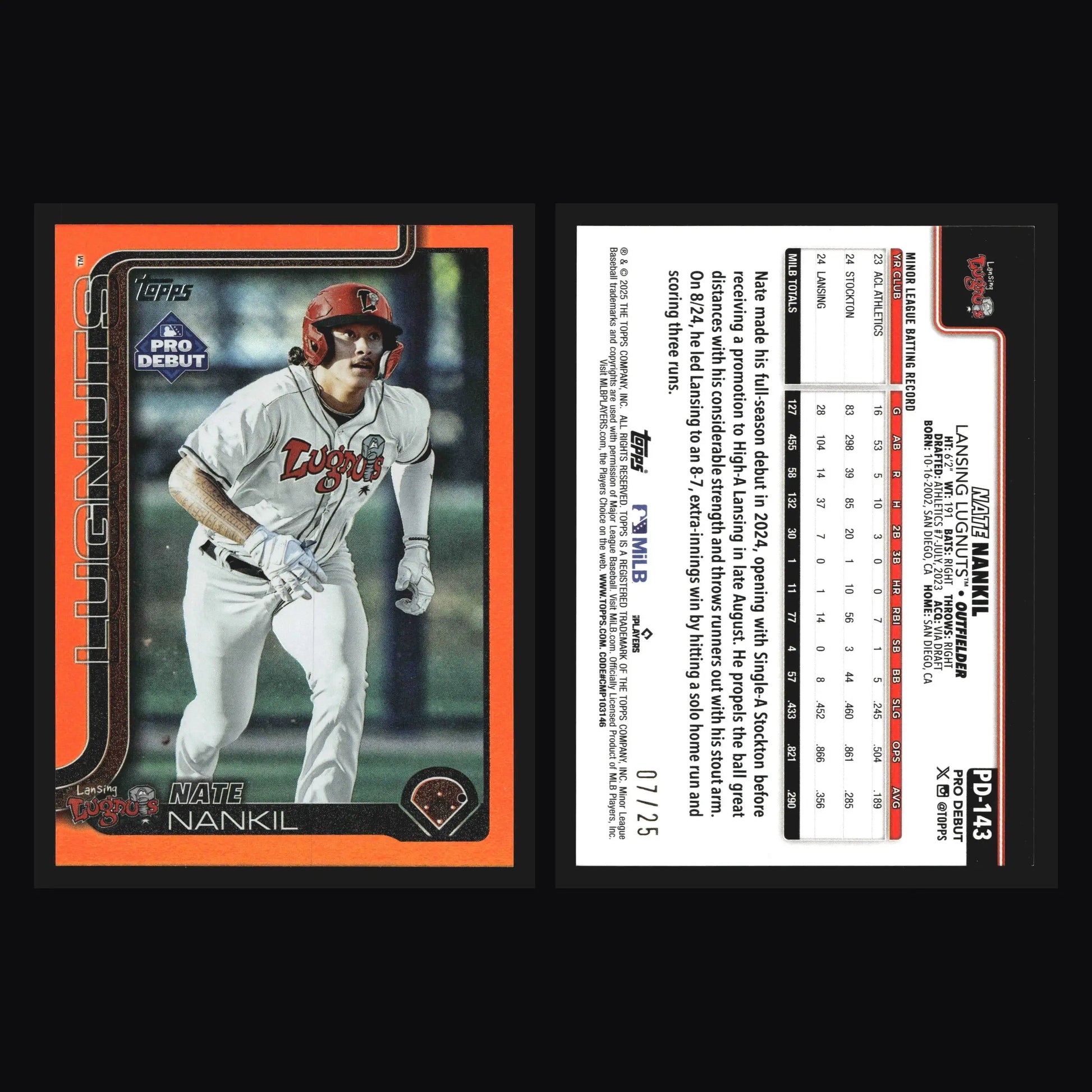 2025 Topps Pro Debut #PD-143 Nate Nankil Orange Foil /25 Lugnuts Athletics - Baseball Card Single