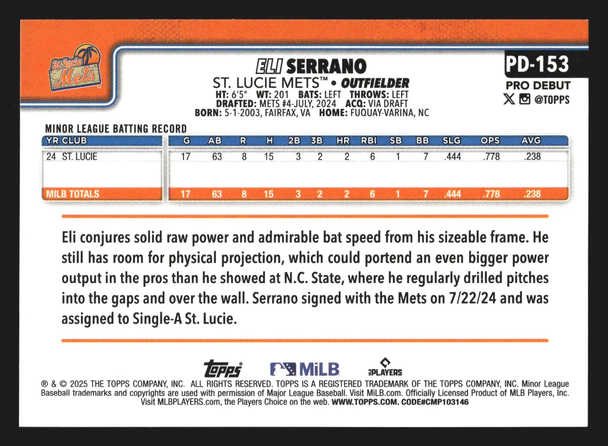 2025 Topps Pro Debut #PD-153 Eli Serrano St. Lucie Mets - Baseball Card Single