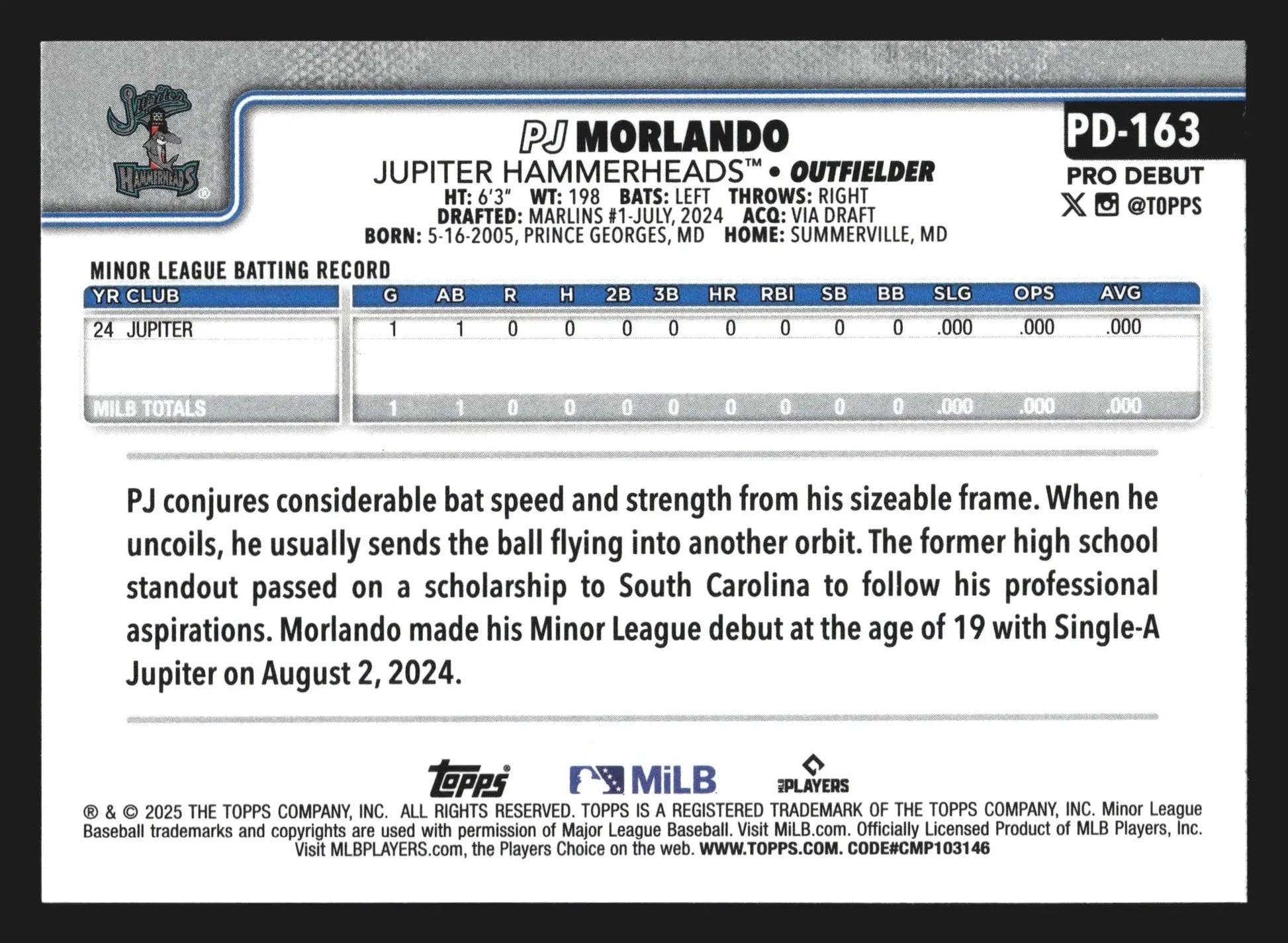 2025 Topps Pro Debut #PD-163 PJ Morlando Jupiter Hammerheads Marlins - Baseball Card Single