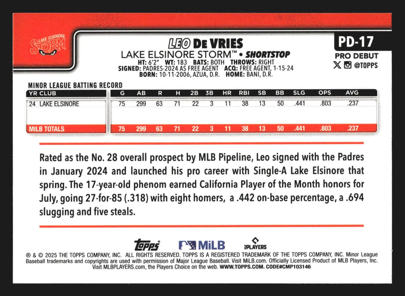2025 Topps Pro Debut #PD-17 Leo De Vries Lake Elsinore Storm Padres Prospect