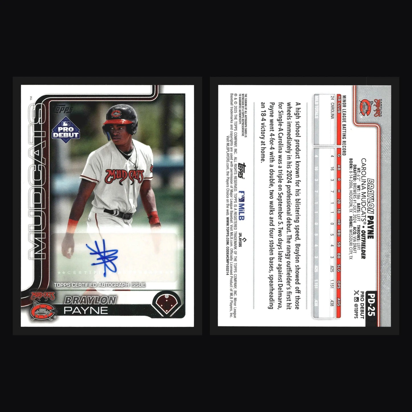 2025 Topps Pro Debut #PD-25 Braylon Payne Auto Carolina Mudcats Brewers - Baseball Card Single