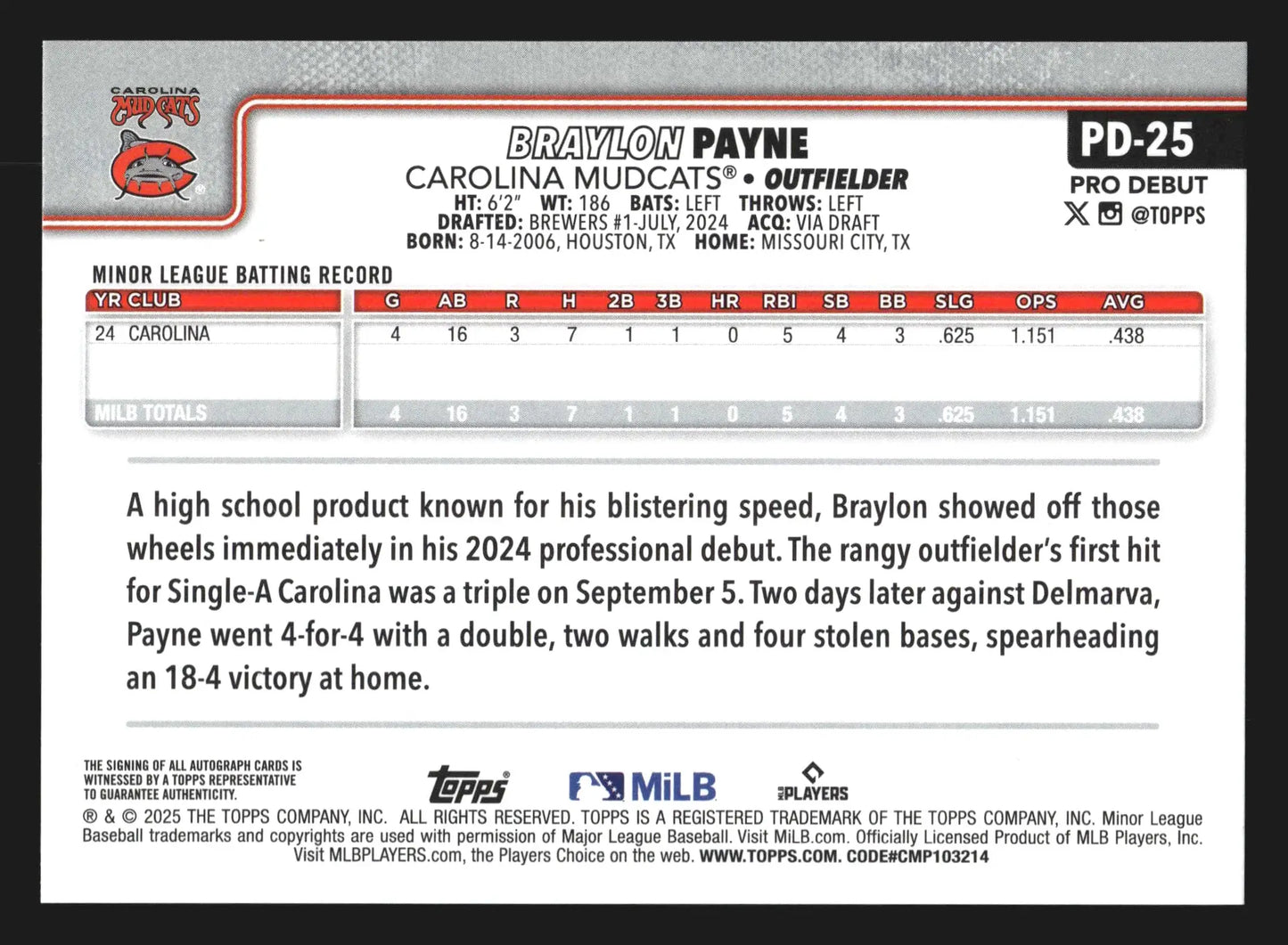 2025 Topps Pro Debut #PD-25 Braylon Payne Auto Carolina Mudcats Brewers - Baseball Card Single