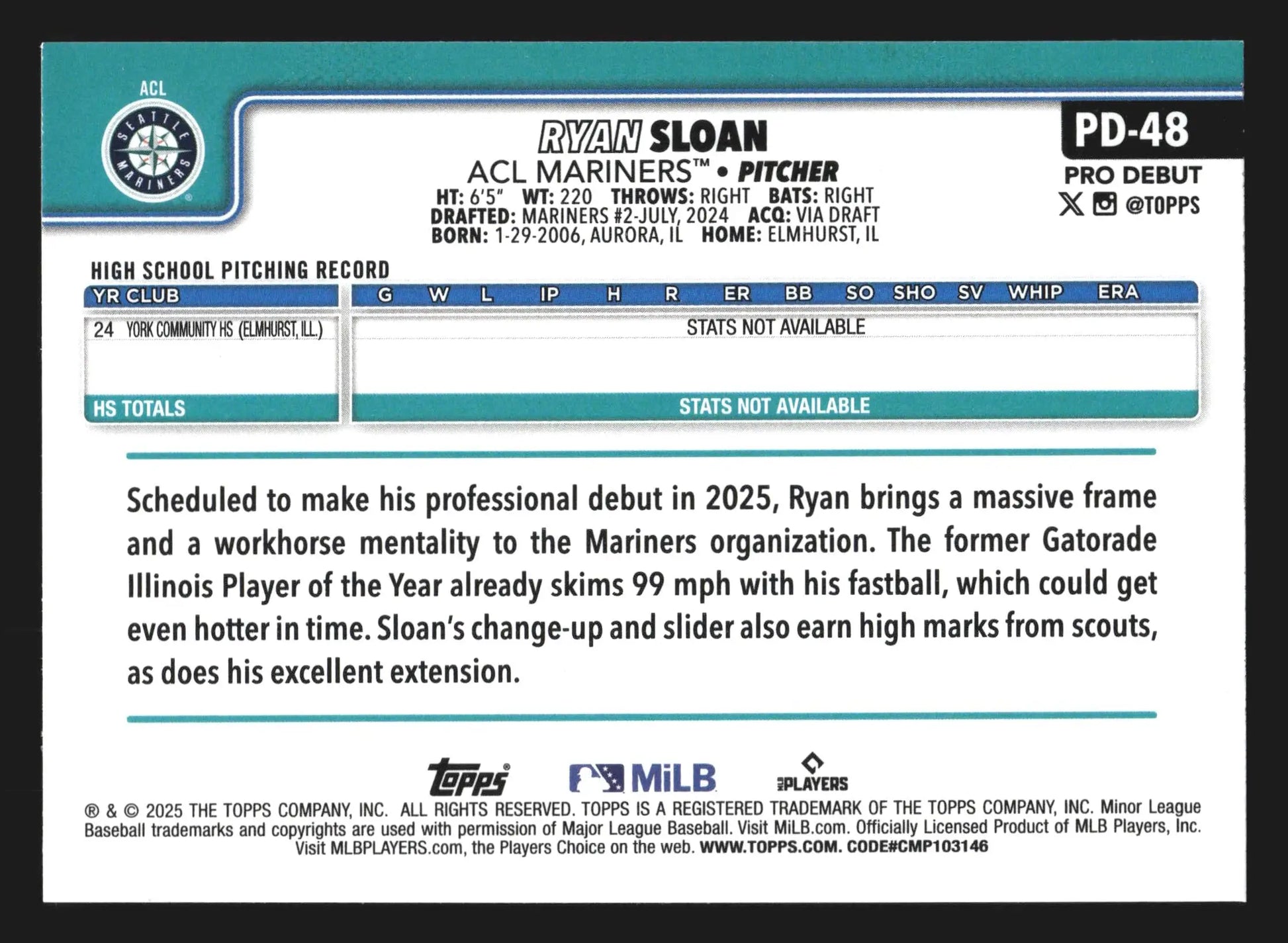 2025 Topps Pro Debut #PD-48 Ryan Sloan ACL Mariners - Baseball Card Single