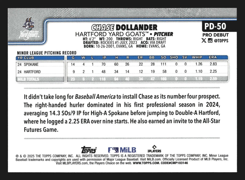 2025 Topps Pro Debut #PD-50 Chase Dollander Hartford Yard Goats Rockies