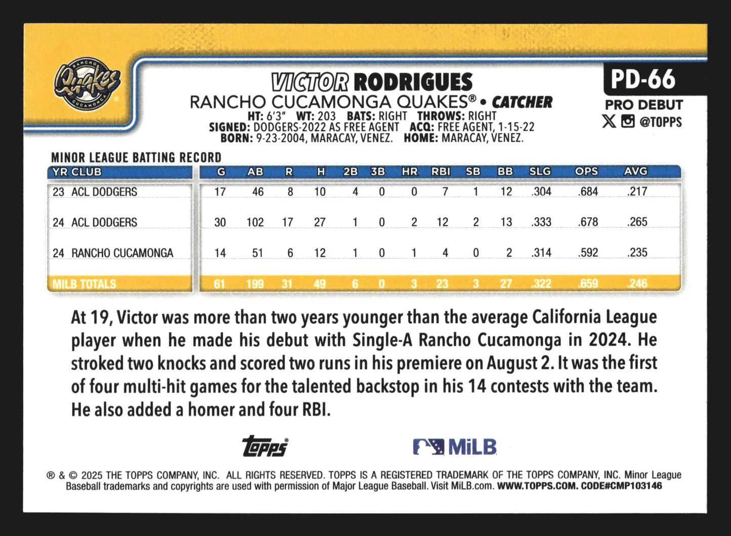 2025 Topps Pro Debut #PD-66 Victor Rodrigues Rancho Cucamonga Dodgers - Baseball Card Single