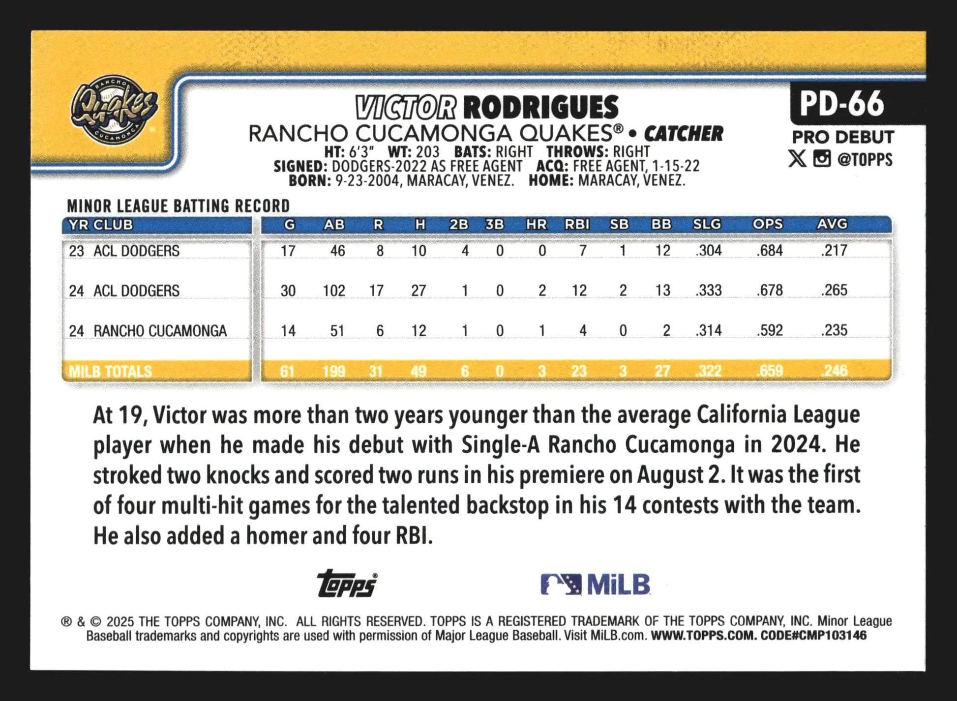 2025 Topps Pro Debut #PD-66 Victor Rodrigues Rancho Cucamonga Dodgers - Baseball Card Single