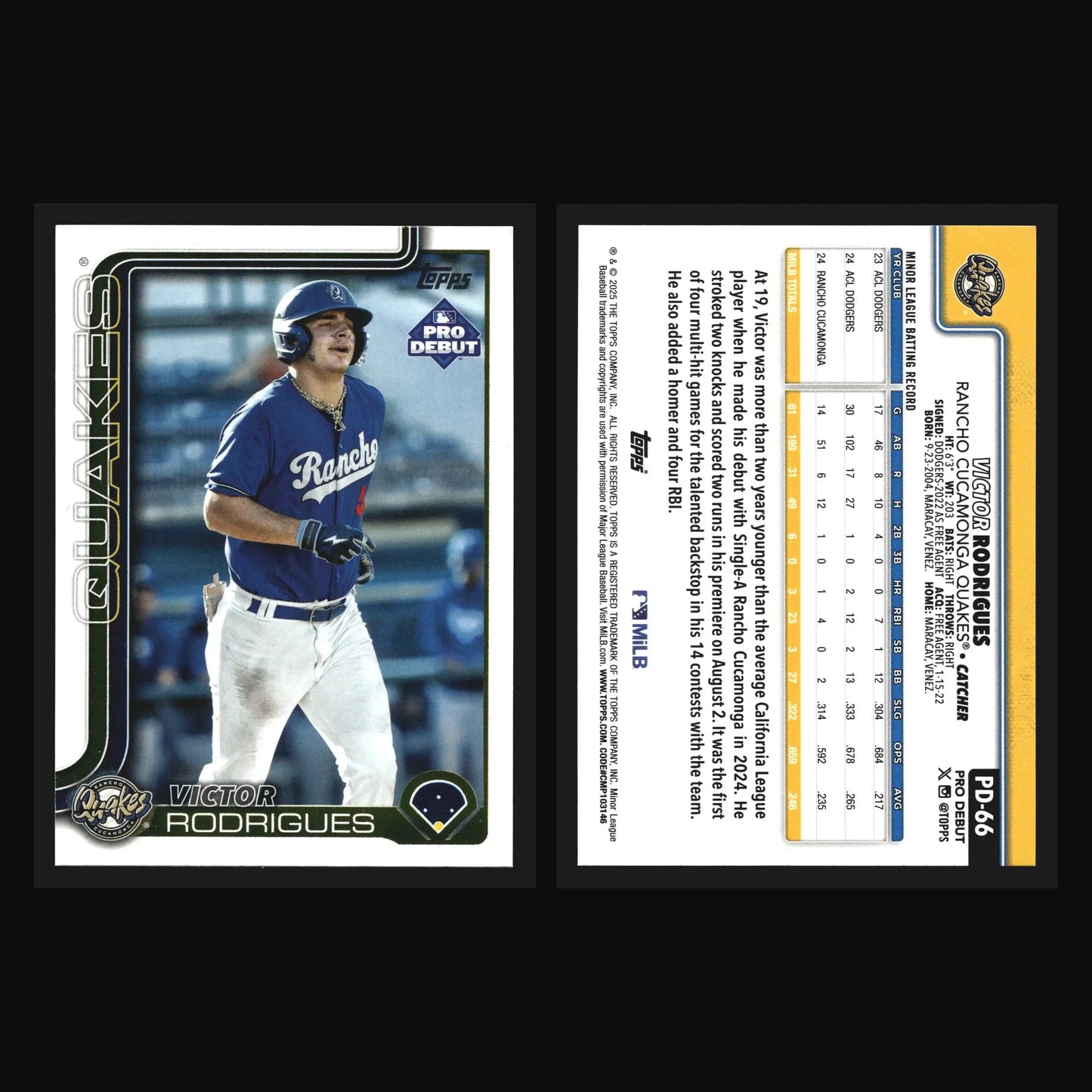 2025 Topps Pro Debut #PD-66 Victor Rodrigues Rancho Cucamonga Dodgers - Baseball Card Single