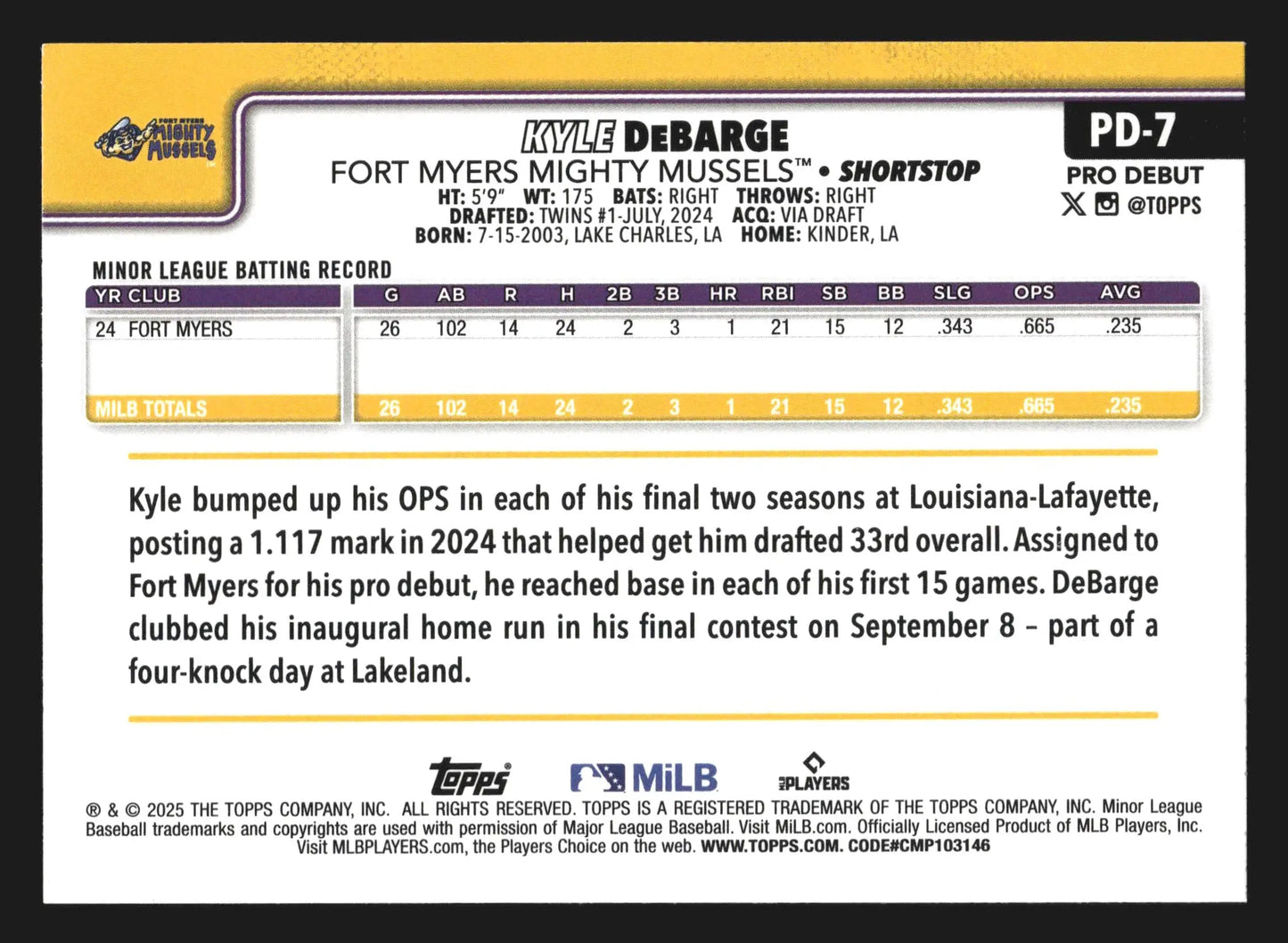 2025 Topps Pro Debut #PD-7 Kyle DeBarge Fort Myers Mighty Mussels Twins