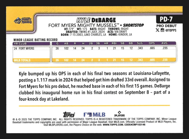 2025 Topps Pro Debut #PD-7 Kyle DeBarge Fort Myers Mighty Mussels Twins