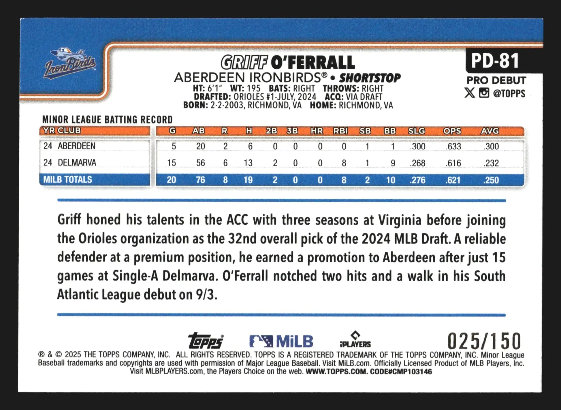 2025 Topps Pro Debut #PD-81 Griff O’Ferrall Blue Foil /150 Orioles - Baseball Card Single