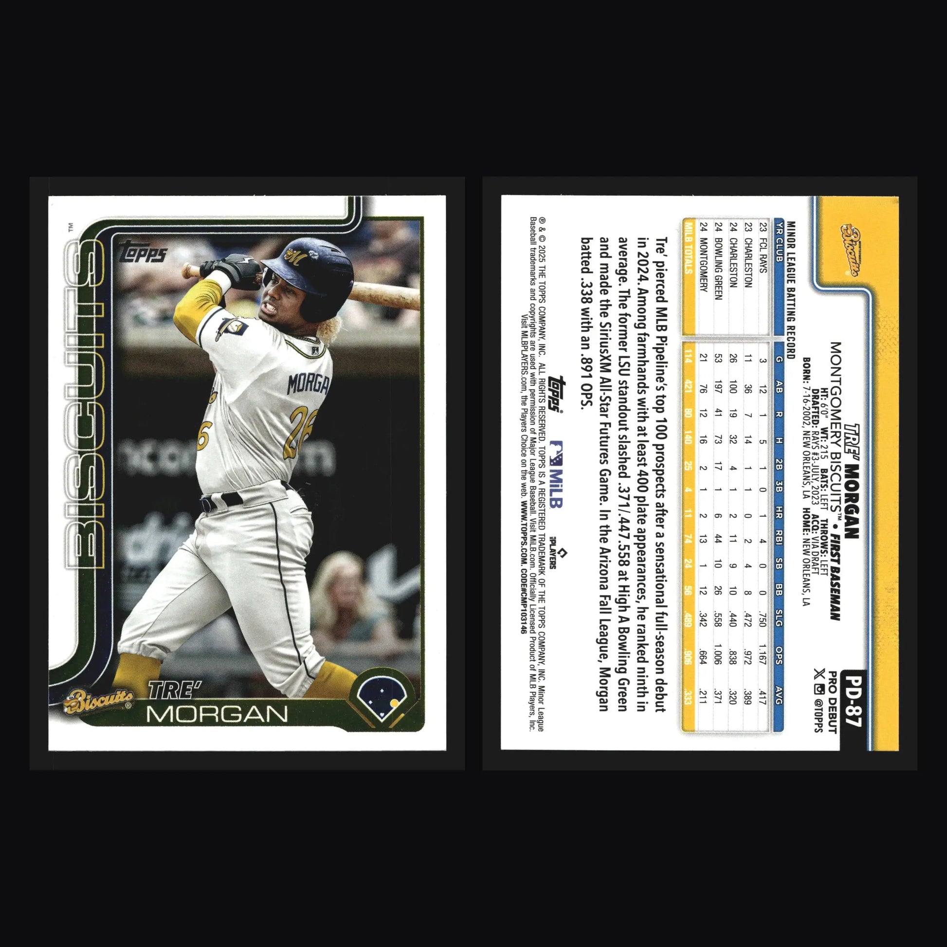 2025 Topps Pro Debut #PD-87 Tre’ Morgan Montgomery Biscuits Rays - Baseball Card Single