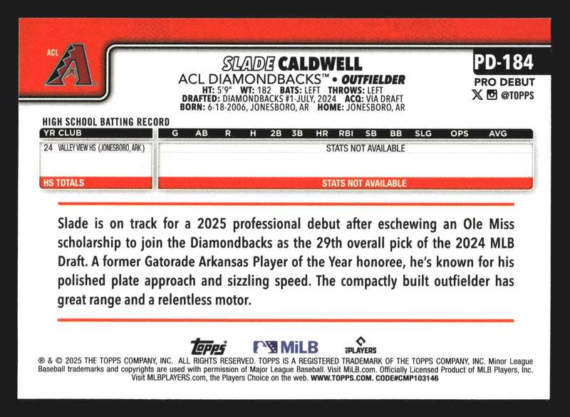 2025 Topps Pro Debut Slade Caldwell #PD-184 ACL Diamondbacks - Baseball Card Single