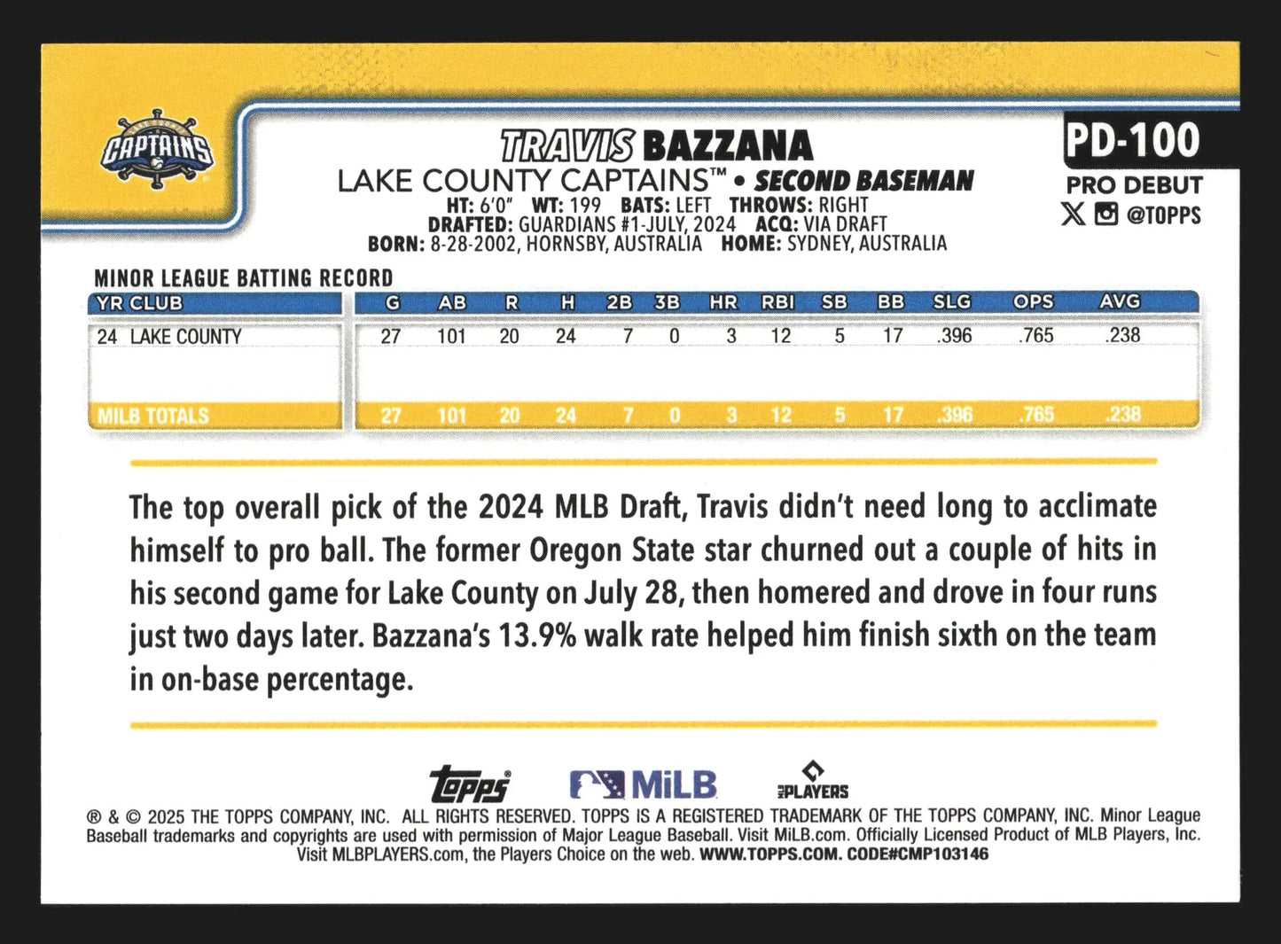 2025 Topps Pro Debut Travis Bazzana #PD-100 Lake County Captains - Baseball Card Single
