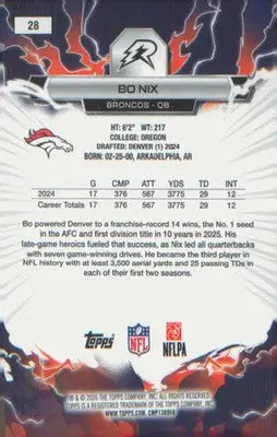 2025 Topps Resurgence Bo Nix #28 Blue & Orange Spark (Color Match) - Broncos - Football Card Single