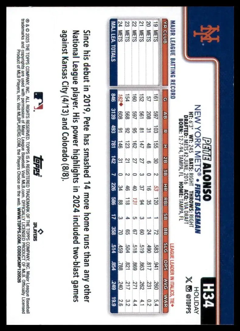 2025 Topps Rookie Pete Alonso #H34 New York Mets Baseball Card MLB Sports - Trading Cards