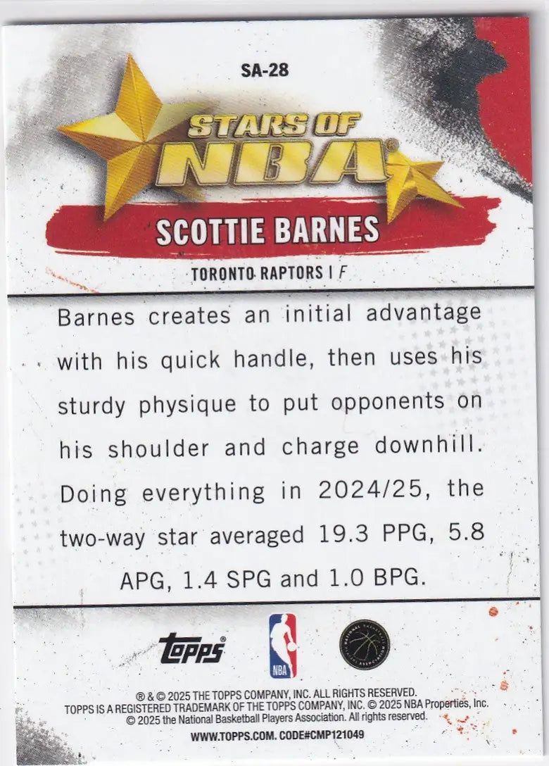 2025 TOPPS #SA-28 SCOTTIE BARNES STARS OF NBA- TORONTO RAPTORS - Basketball Card Single