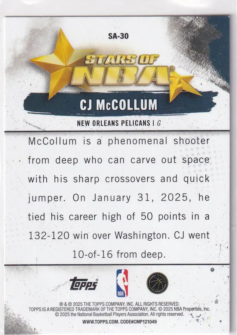 2025 TOPPS #SA-30 CJ MCCOLLUM STARS OF NBA- NEW ORLEANS PELICANS - Basketball Card Single