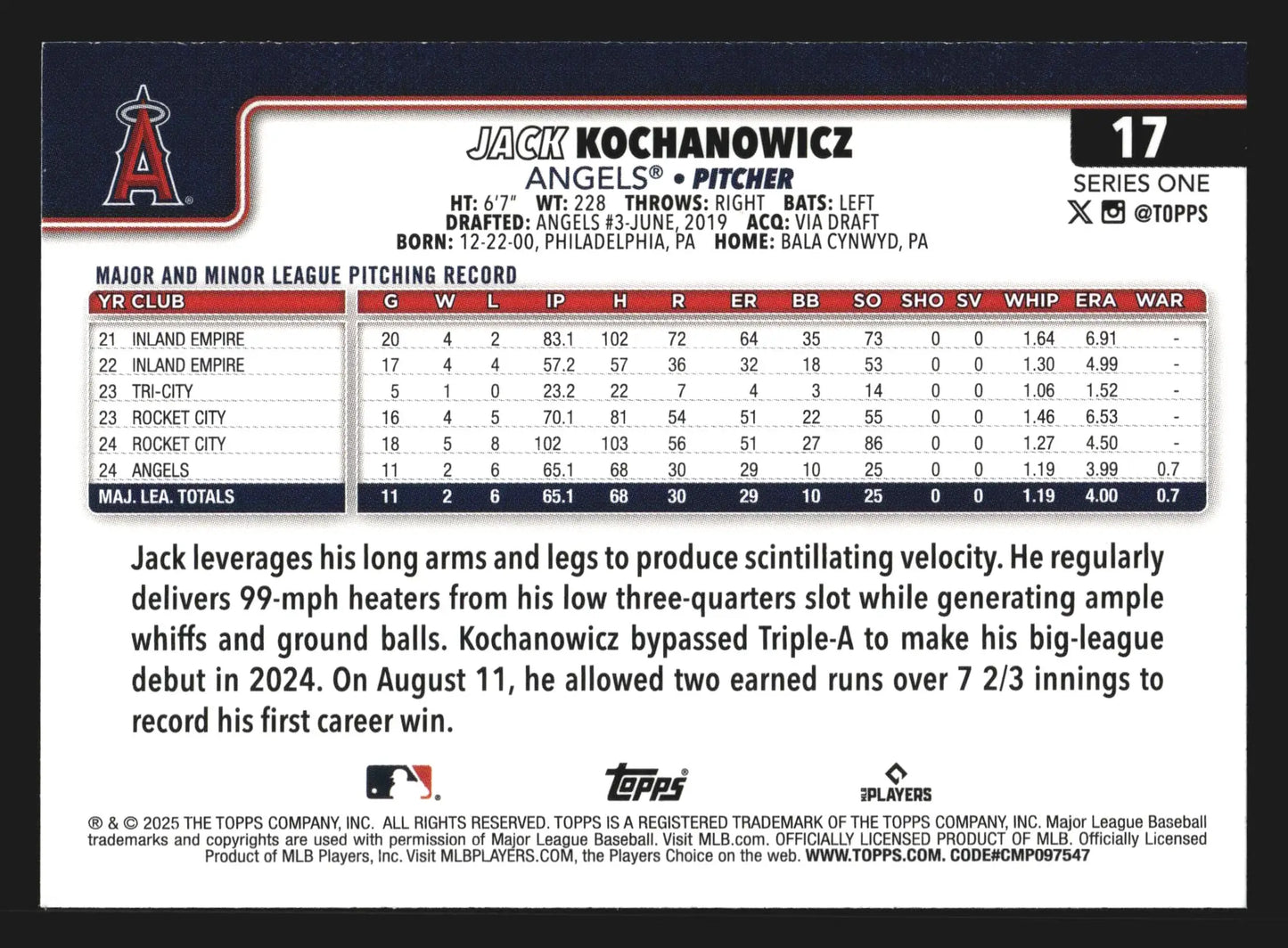 2025 Topps Series 1 #17 Jack Kochanowicz Angels RC