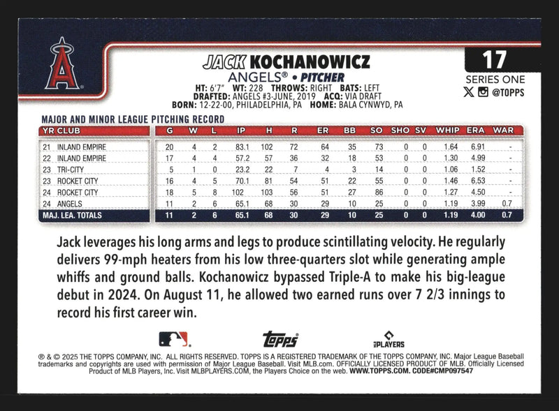 2025 Topps Series 1 #17 Jack Kochanowicz Angels RC