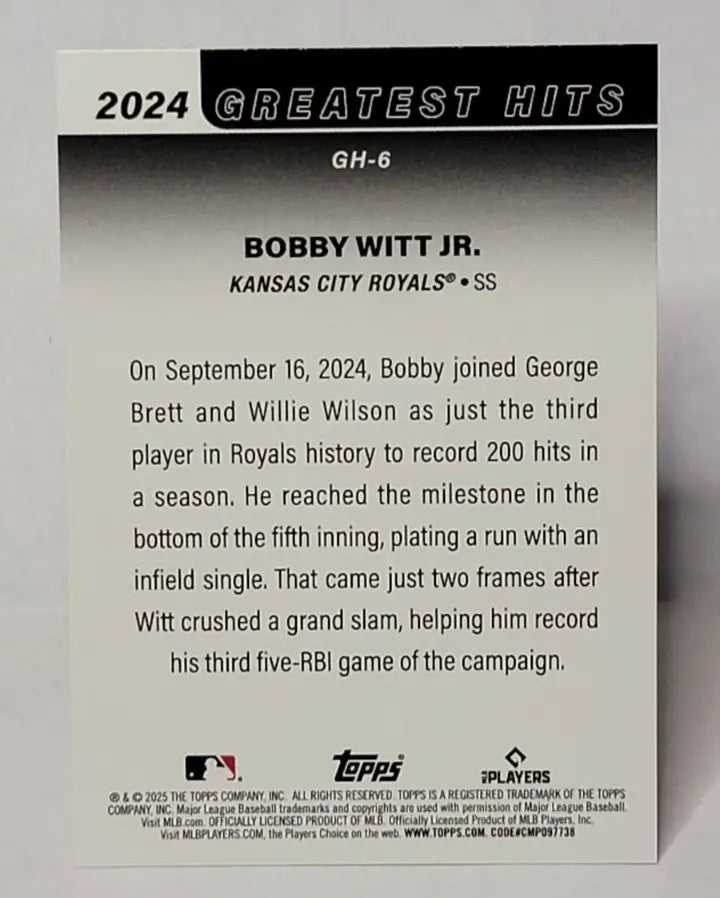 Bobby Witt Jr. baseball card from 2025 Topps Series 1 Greatest Hits collection