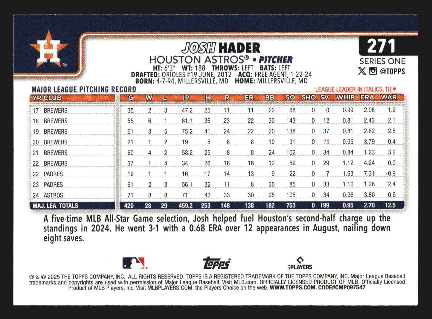 2025 Topps Series 1 #271 Josh Hader Houston Astros