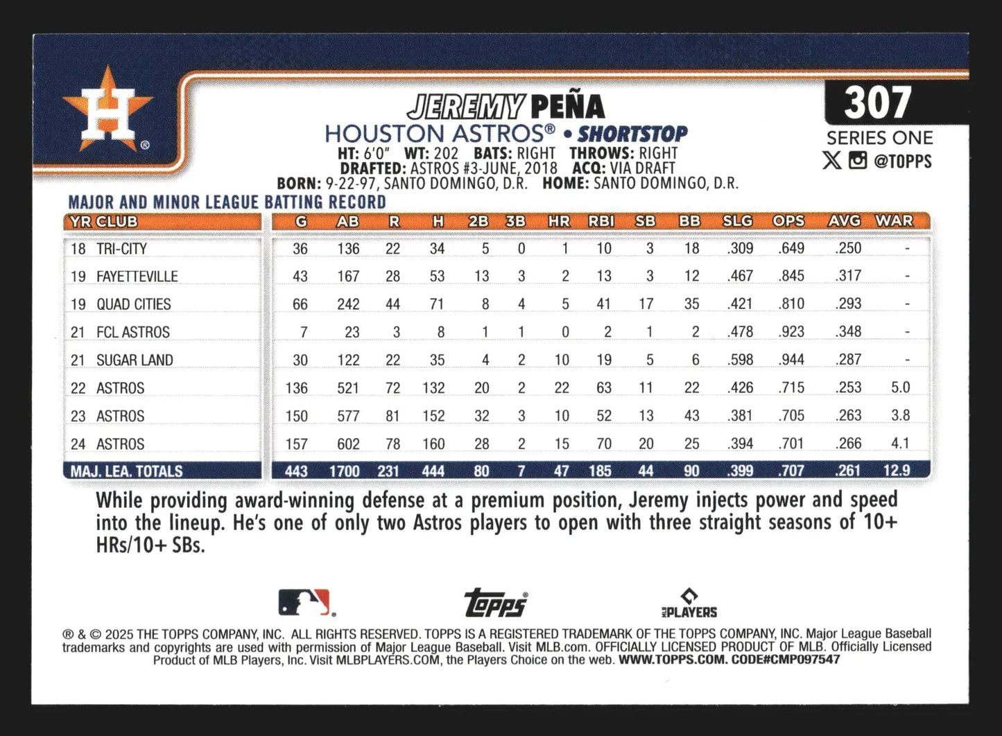 2025 Topps Series 1 #307 Jeremy Pena Houston Astros