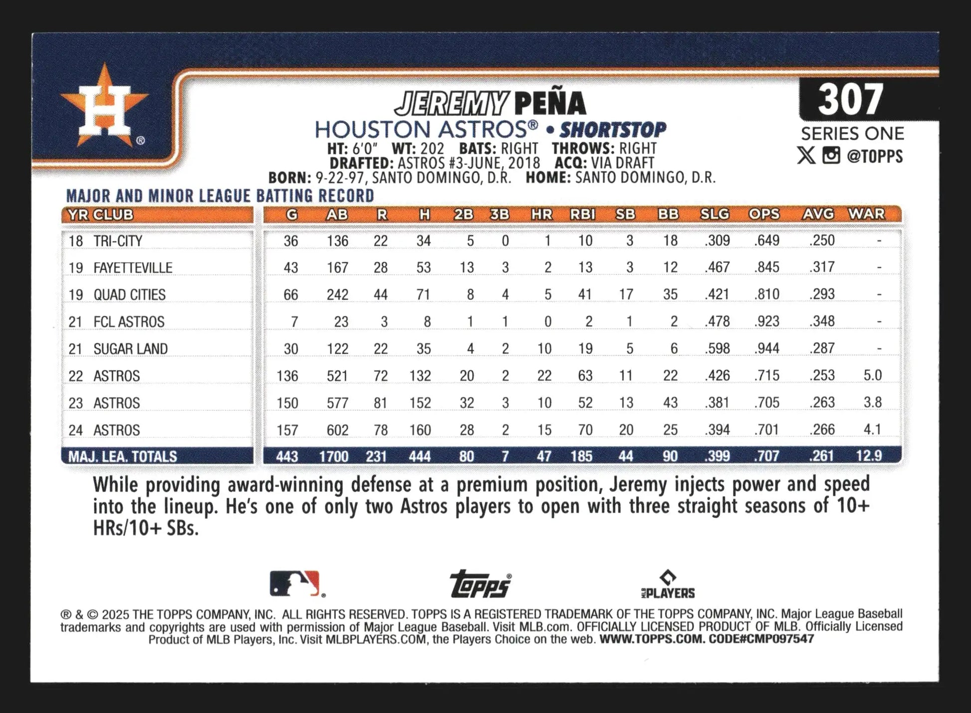 2025 Topps Series 1 #307 Jeremy Pena Houston Astros