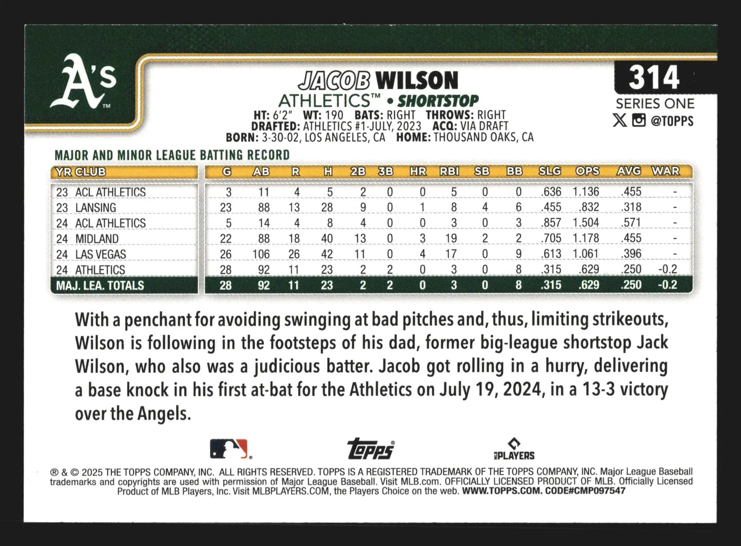 2025 Topps Series 1 #314 Jacob Wilson Athletics RC
