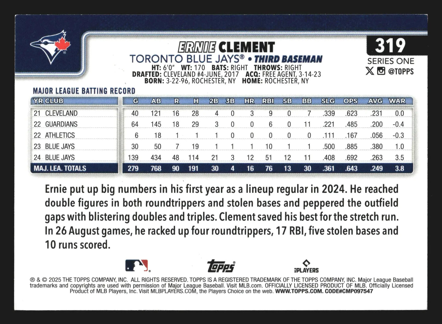 2025 Topps Series 1 #319 Ernie Clement Toronto Blue Jays