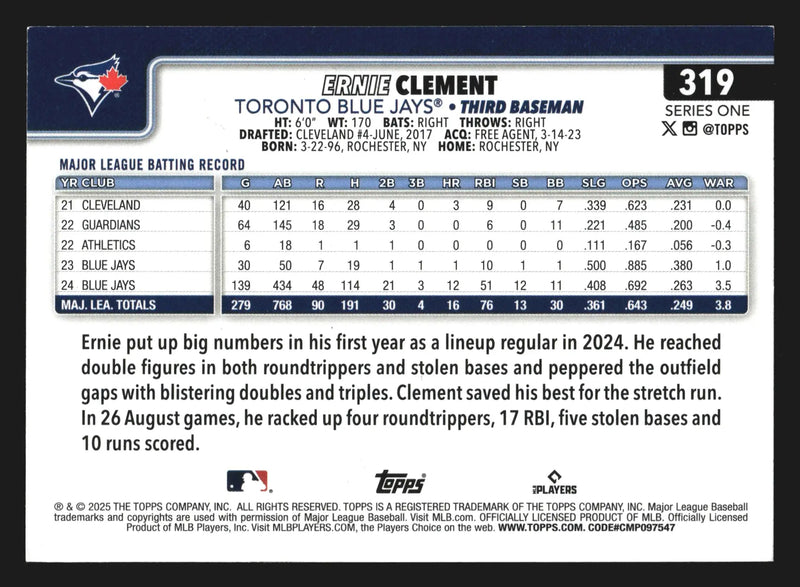 2025 Topps Series 1 #319 Ernie Clement Toronto Blue Jays
