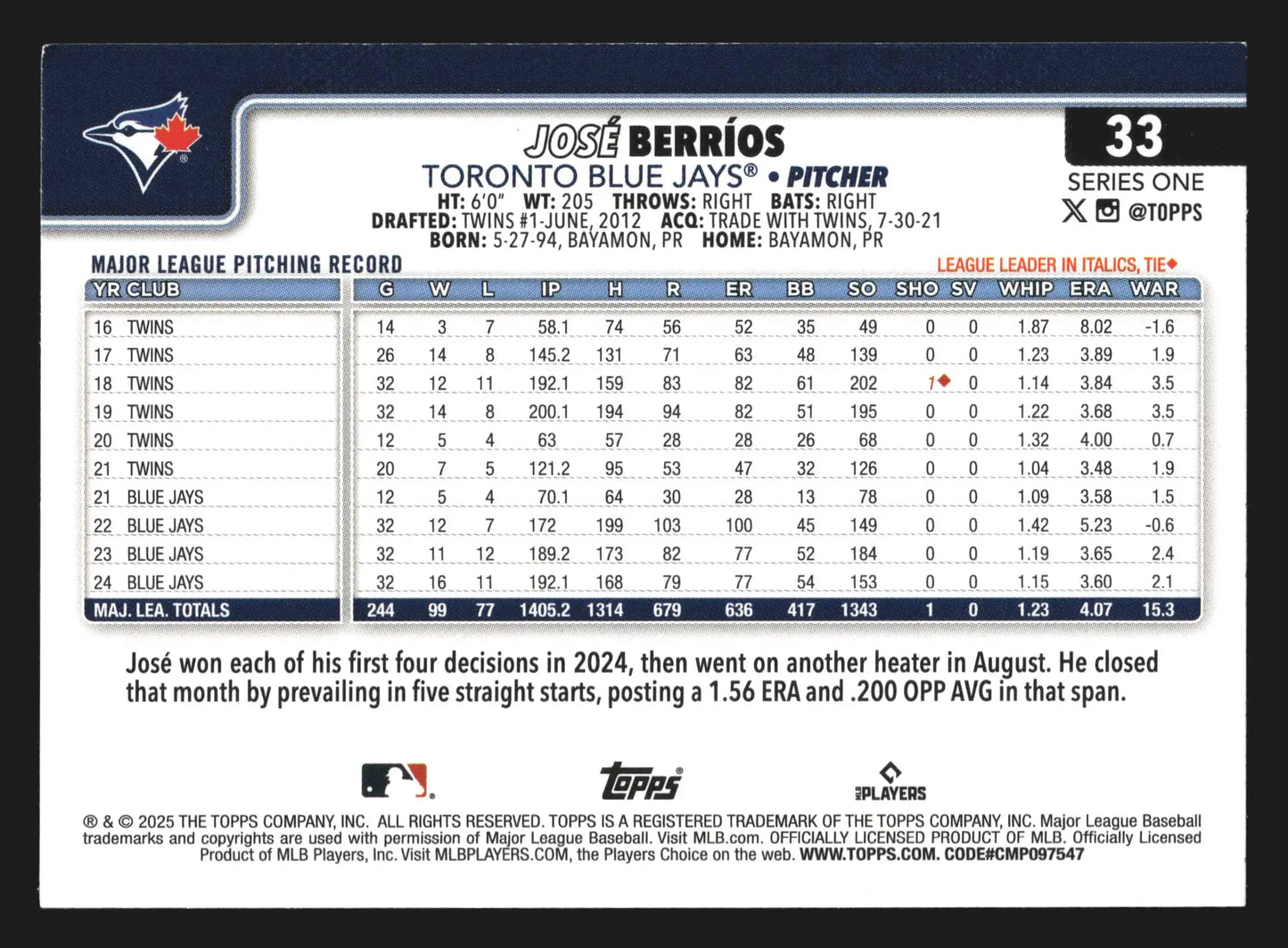 2025 Topps Series 1 #33 Jose Berrios Toronto Blue Jays - Baseball Card Single