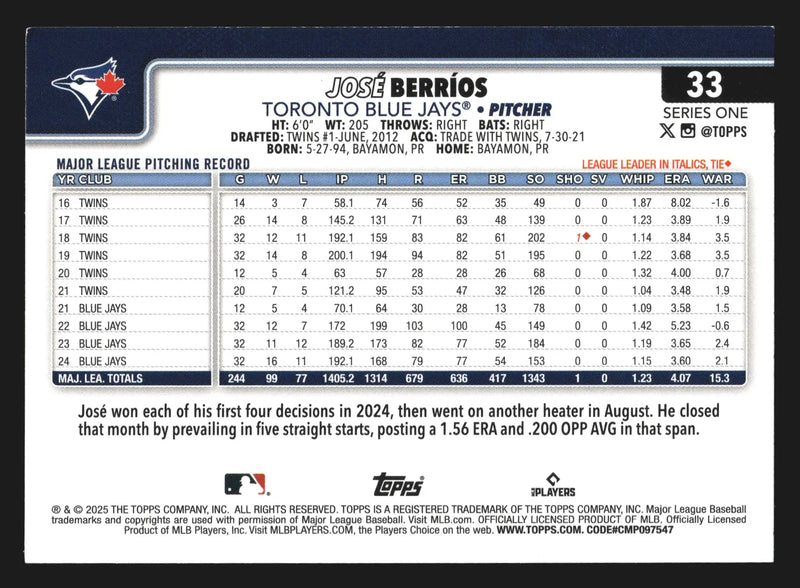2025 Topps Series 1 #33 Jose Berrios Toronto Blue Jays - Baseball Card Single