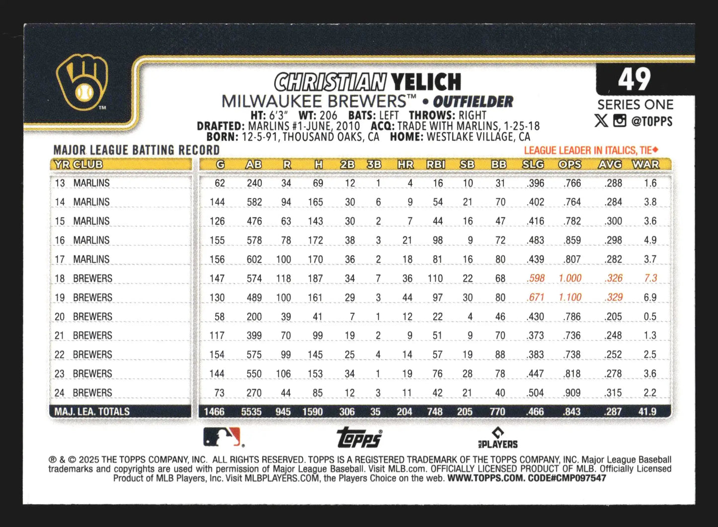 2025 Topps Series 1 #49 Christian Yelich Milwaukee Brewers - Baseball Card Single