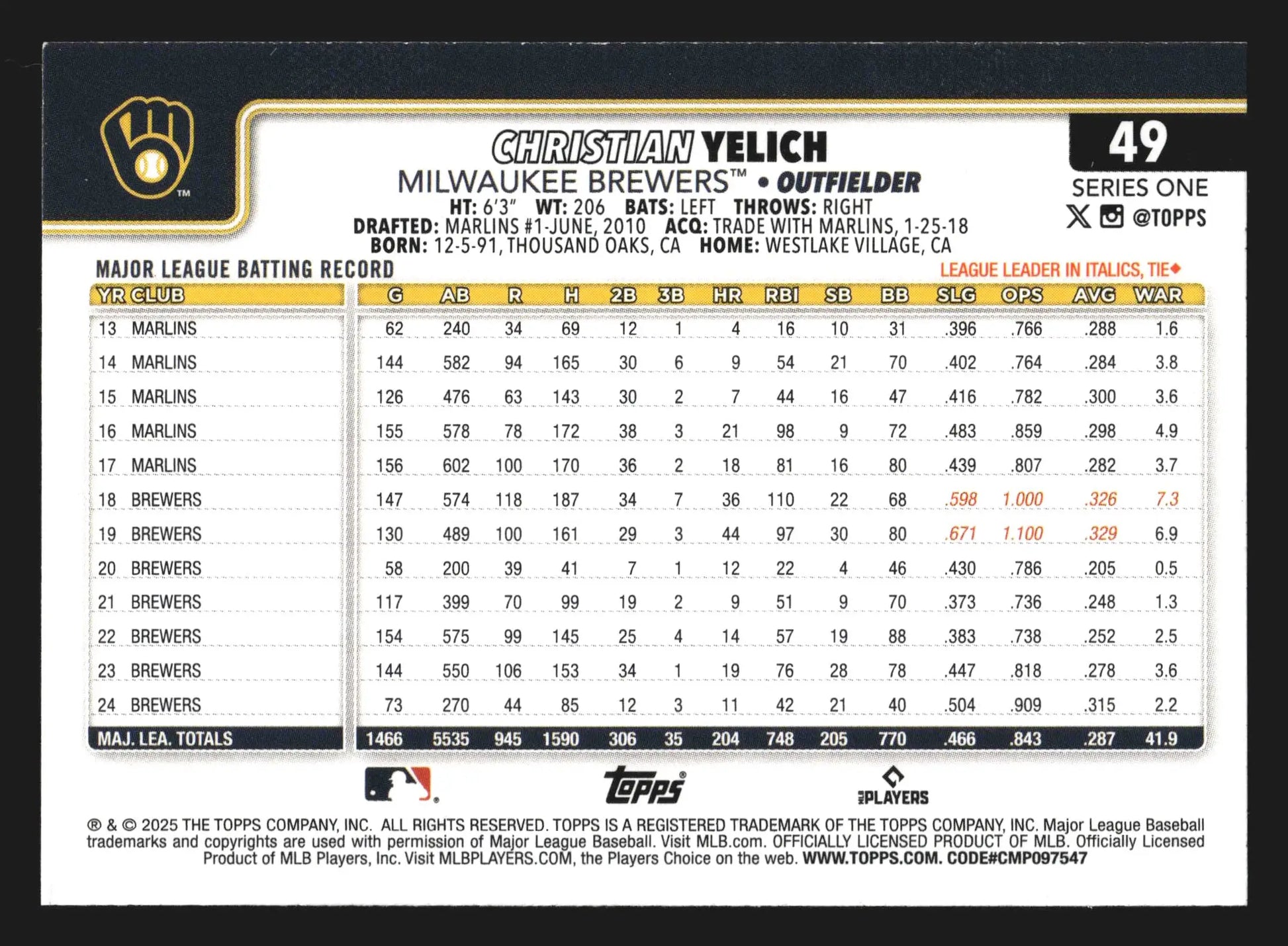 2025 Topps Series 1 #49 Christian Yelich Milwaukee Brewers - Baseball Card Single