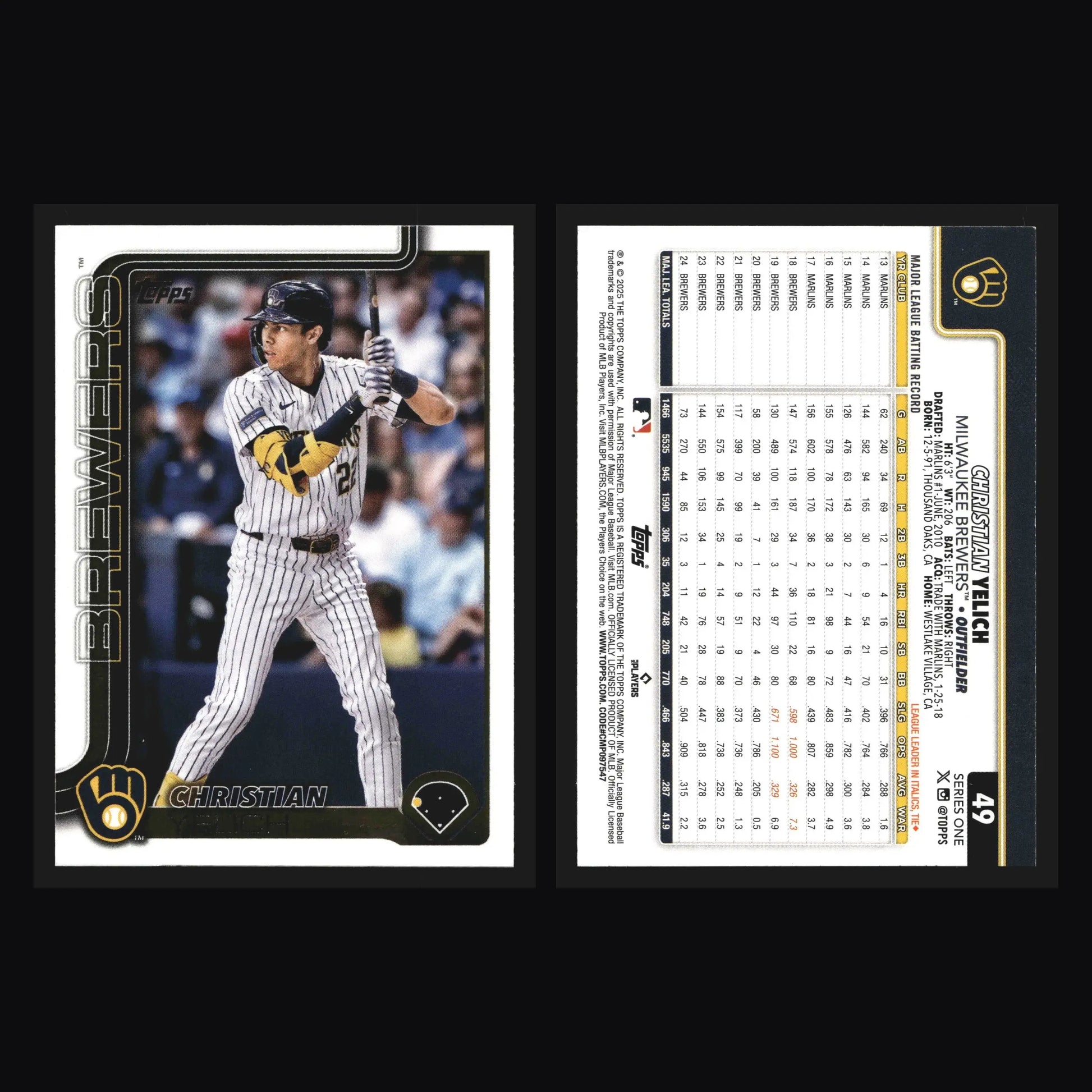 2025 Topps Series 1 #49 Christian Yelich Milwaukee Brewers - Baseball Card Single