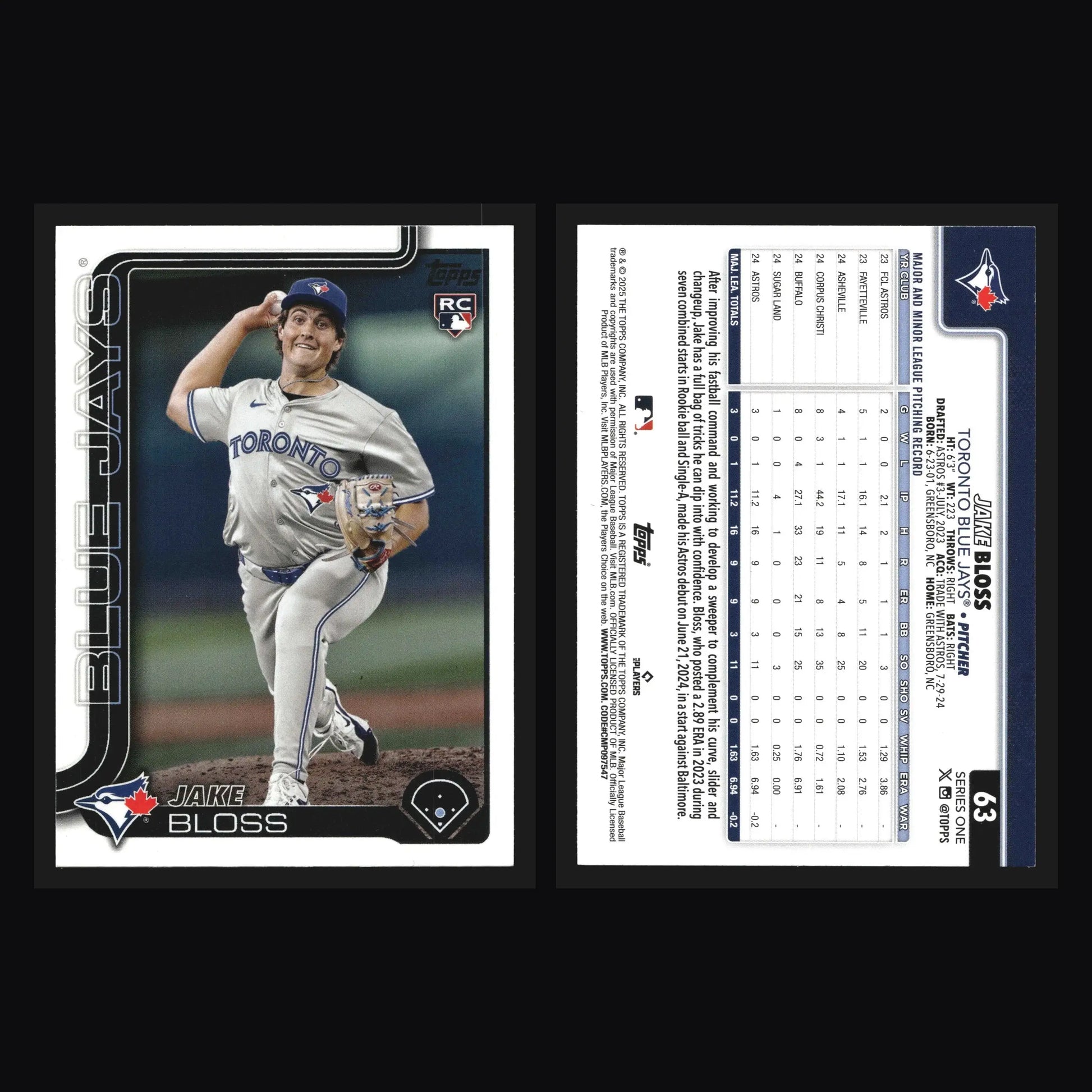 2025 Topps Series 1 #63 Jake Bloss Toronto Blue Jays RC
