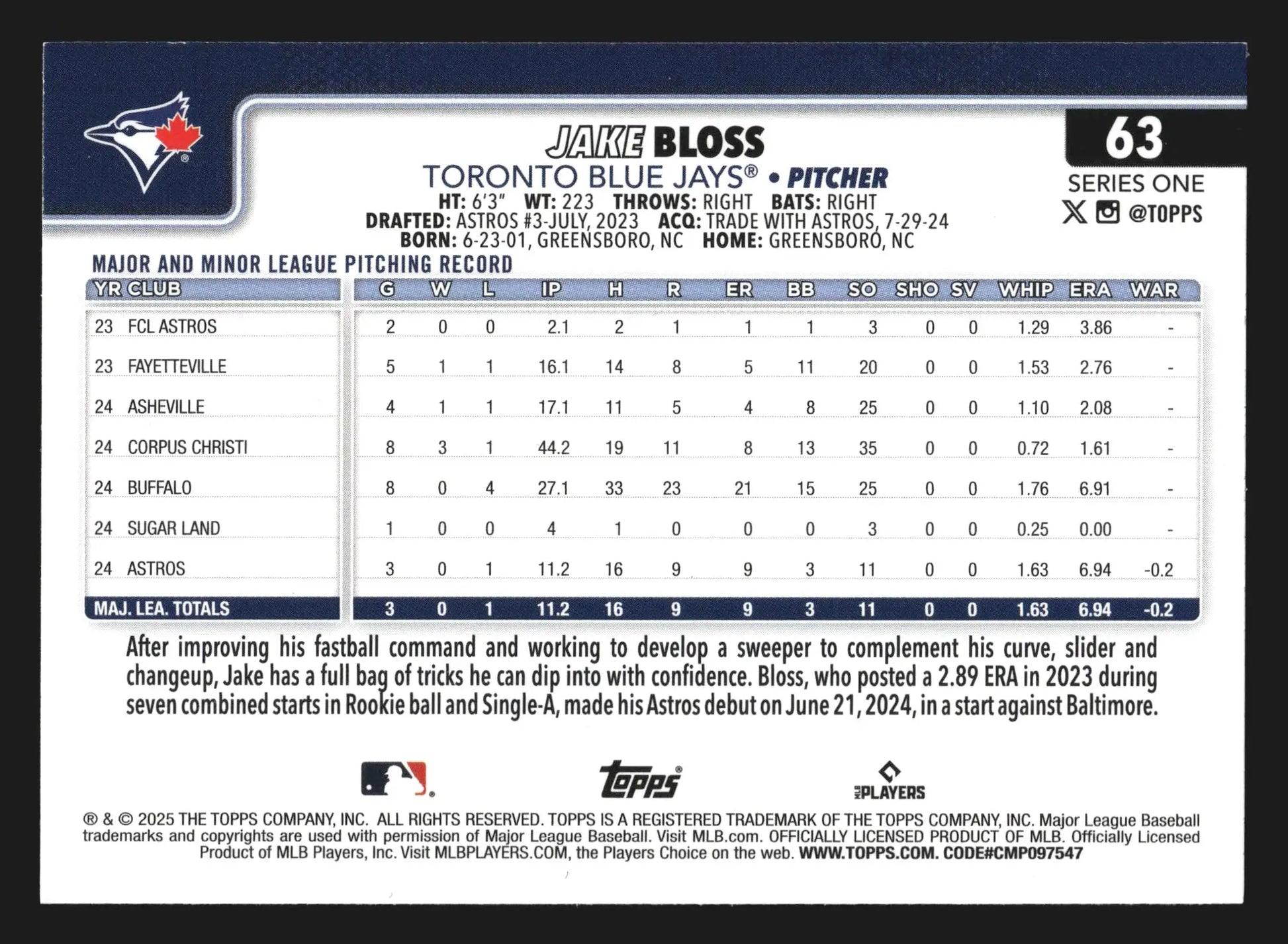 2025 Topps Series 1 #63 Jake Bloss Toronto Blue Jays RC