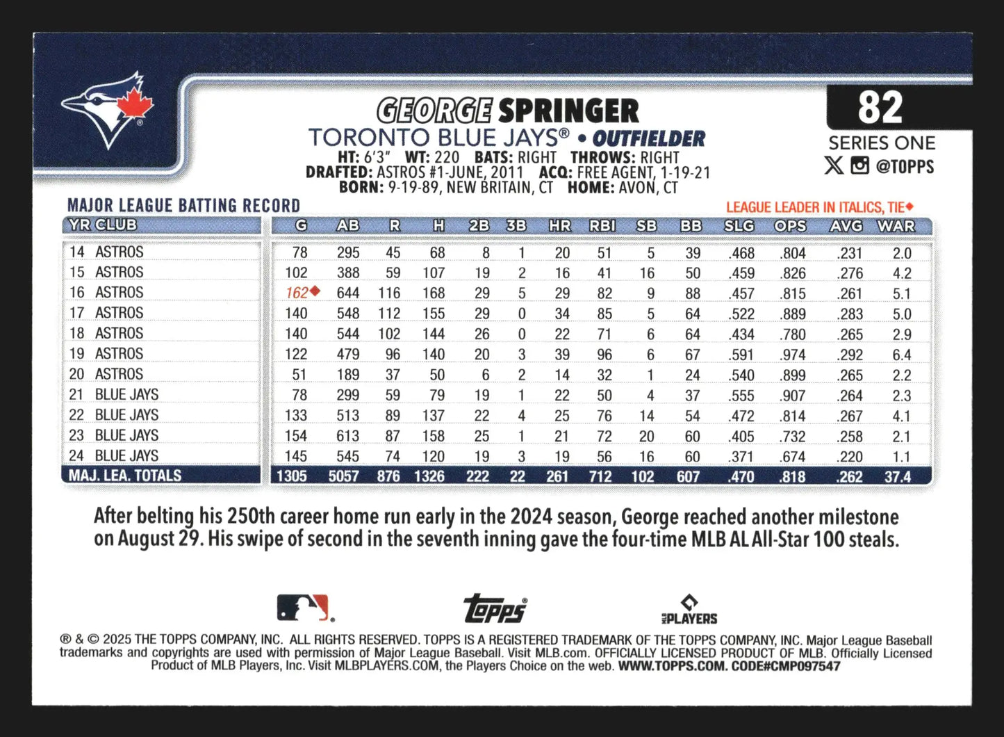2025 Topps Series 1 #82 George Springer Diamante Foil Toronto Blue Jays