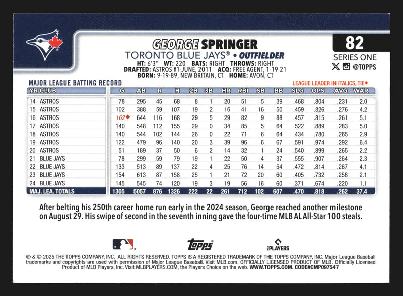 2025 Topps Series 1 #82 George Springer Toronto Blue Jays