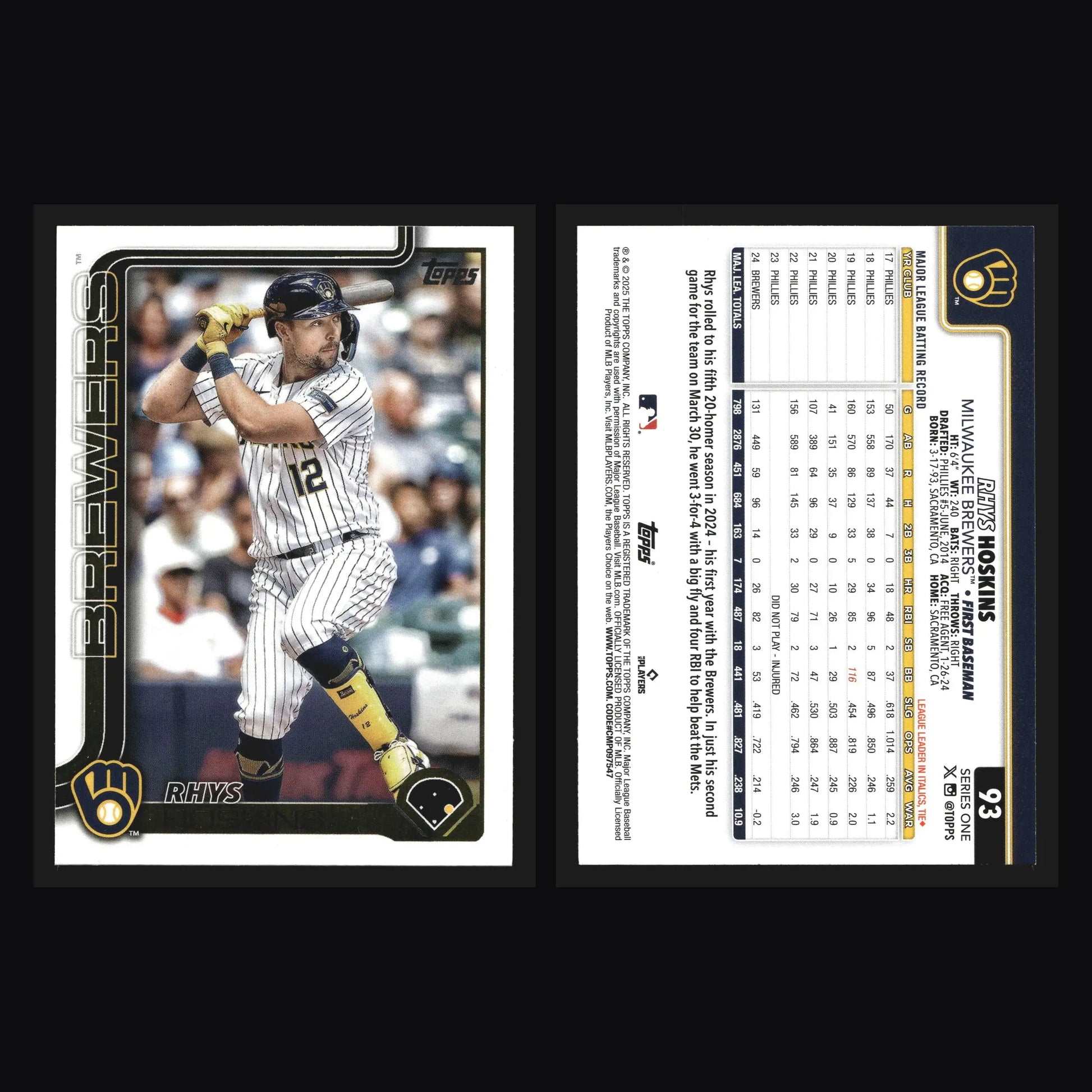 2025 Topps Series 1 #93 Rhys Hoskins Milwaukee Brewers - Baseball Card Single