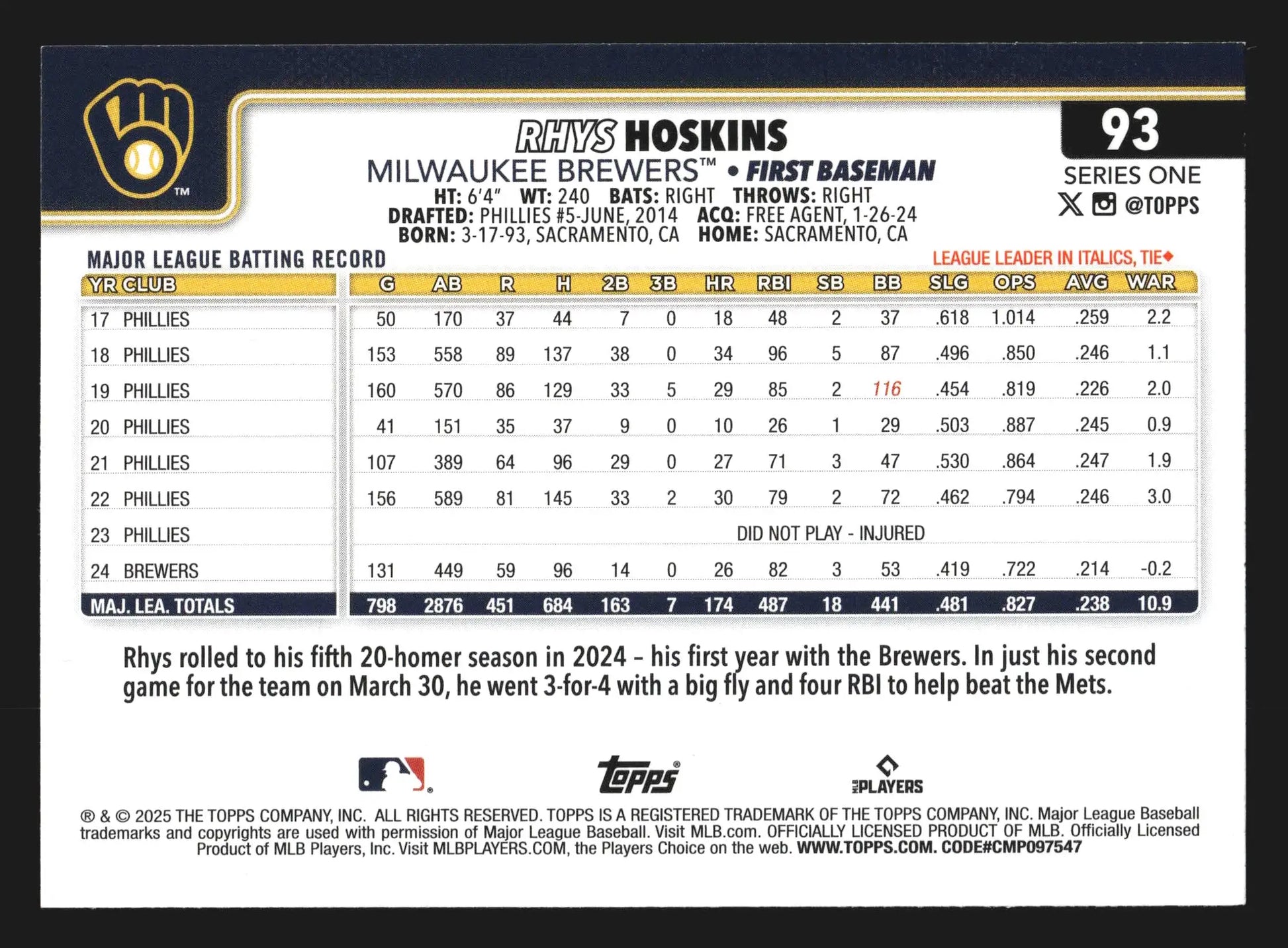 2025 Topps Series 1 #93 Rhys Hoskins Milwaukee Brewers - Baseball Card Single